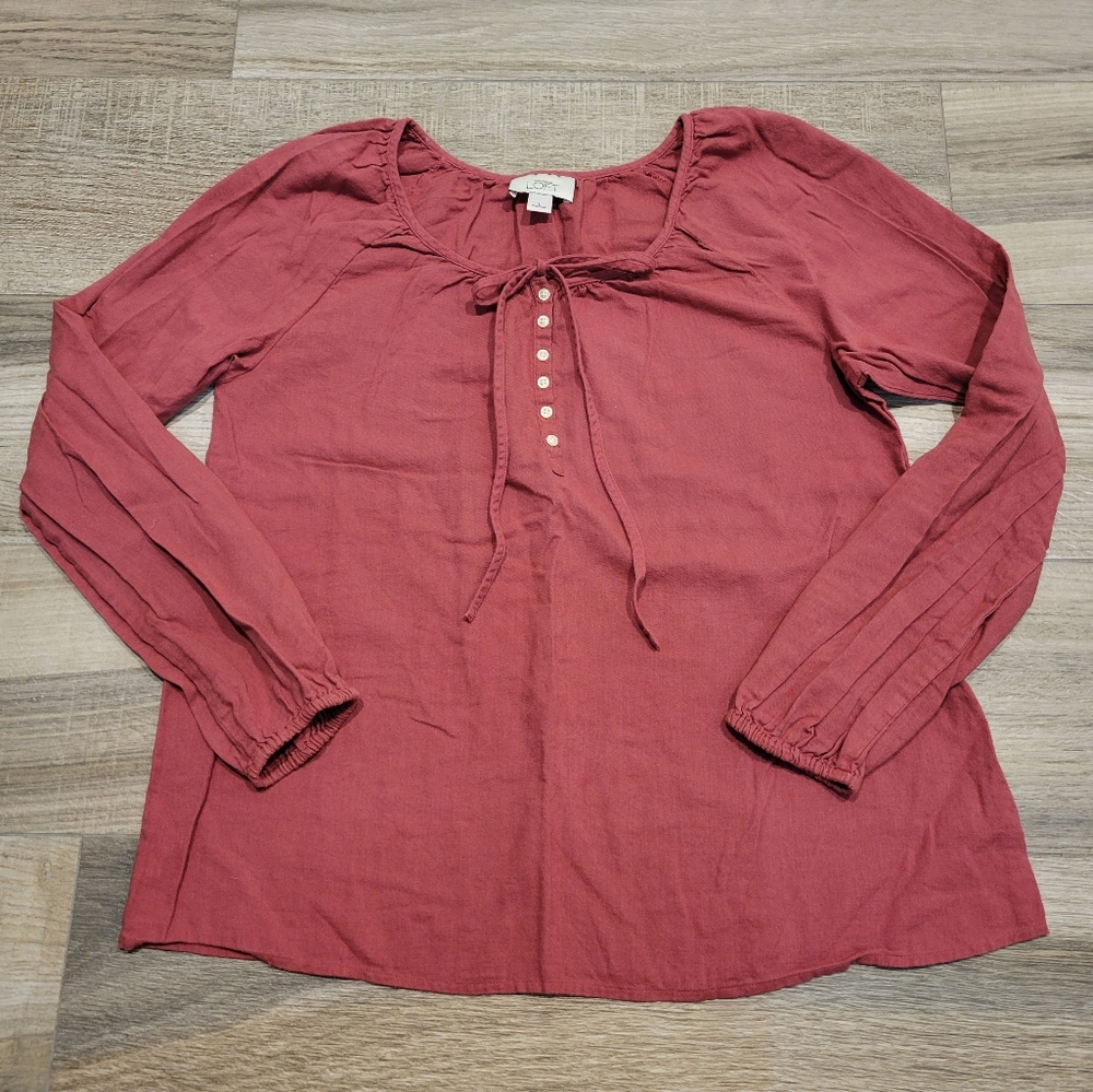 Ann Taylor LOFT Prairie Peasant Boho Long Sleeve Top Women's Large Coral Salmon